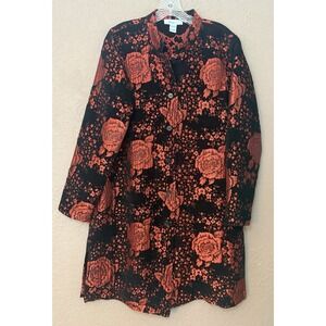 Analogy‎ Black W/ Red Floral Print 38.5" Long Womens Coat Mandarin Collar. Sz L